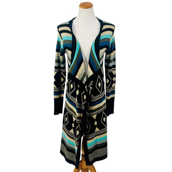 Love Stitch Long Geometric Striped Open Front Waterfall Cardigan Duster - Picture 3 of 16